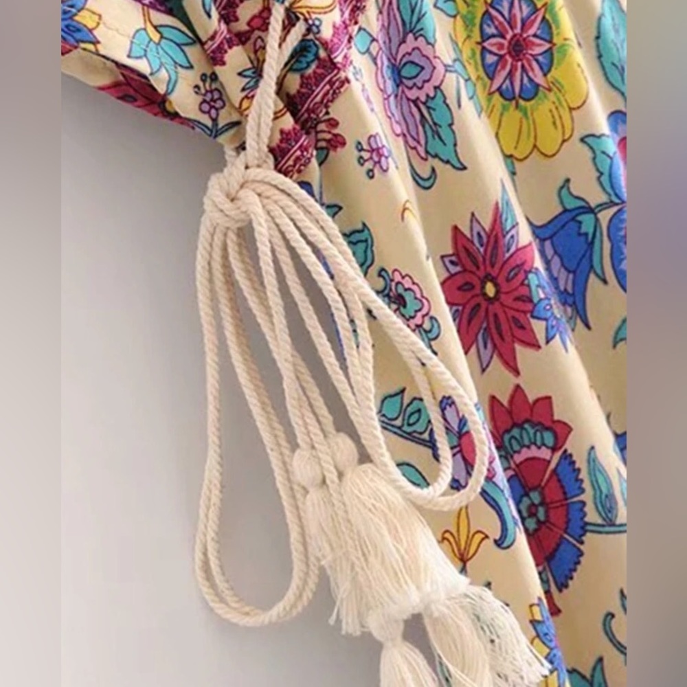 Bohemian dress floral beach maxi tie v-neck flow peacock summer multicolor rope - Picture 6 of 7